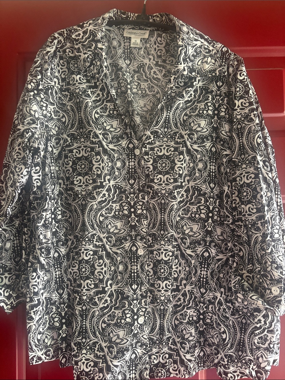 Coldwater Creek Black and White Paisley No-Iron Button-Down Shirt 1X